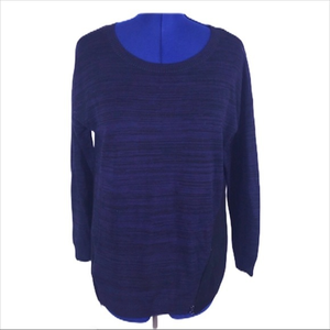 Caslon XL blue & black wool blend zippered‎ panel scoop neck long sleeve sweater